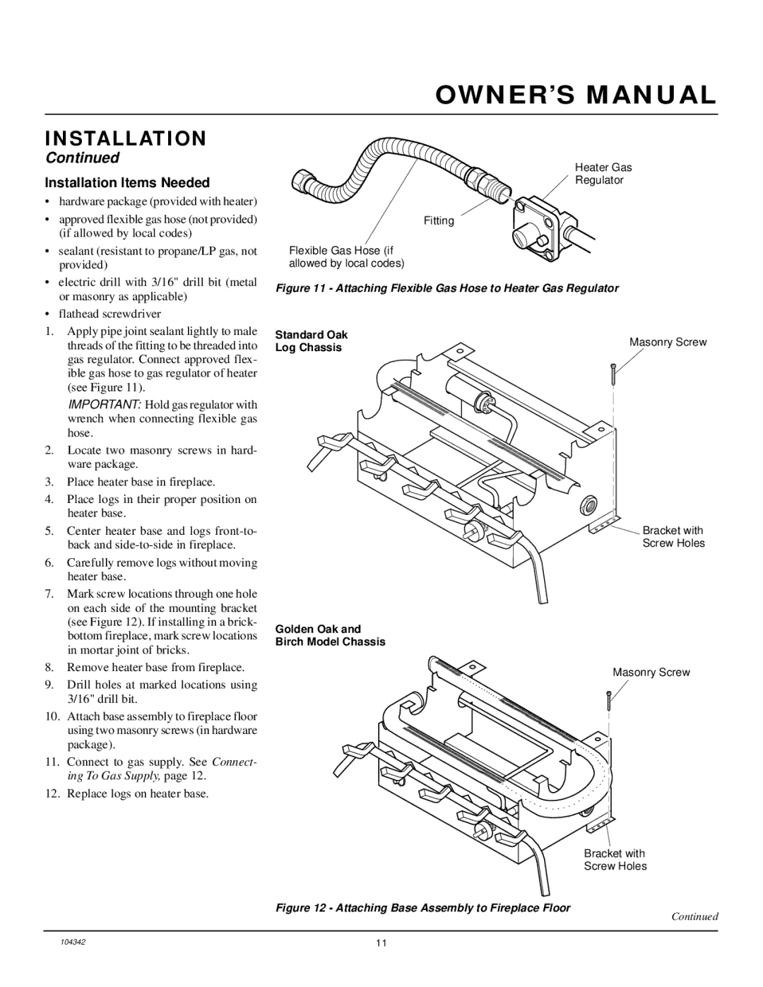 Desa GAS LOG HEATER installation manual Installation Items Needed, Attaching Flexible Gas Hose to Heater Gas Regulator 