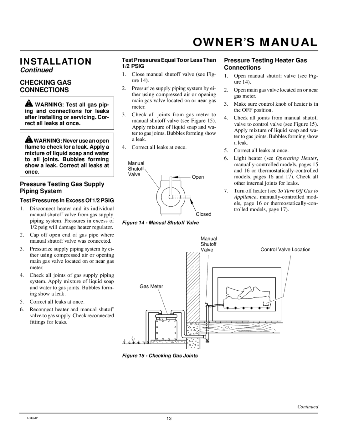 Desa GAS LOG HEATER installation manual Checking GAS Connections, Pressure Testing Gas Supply Piping System 