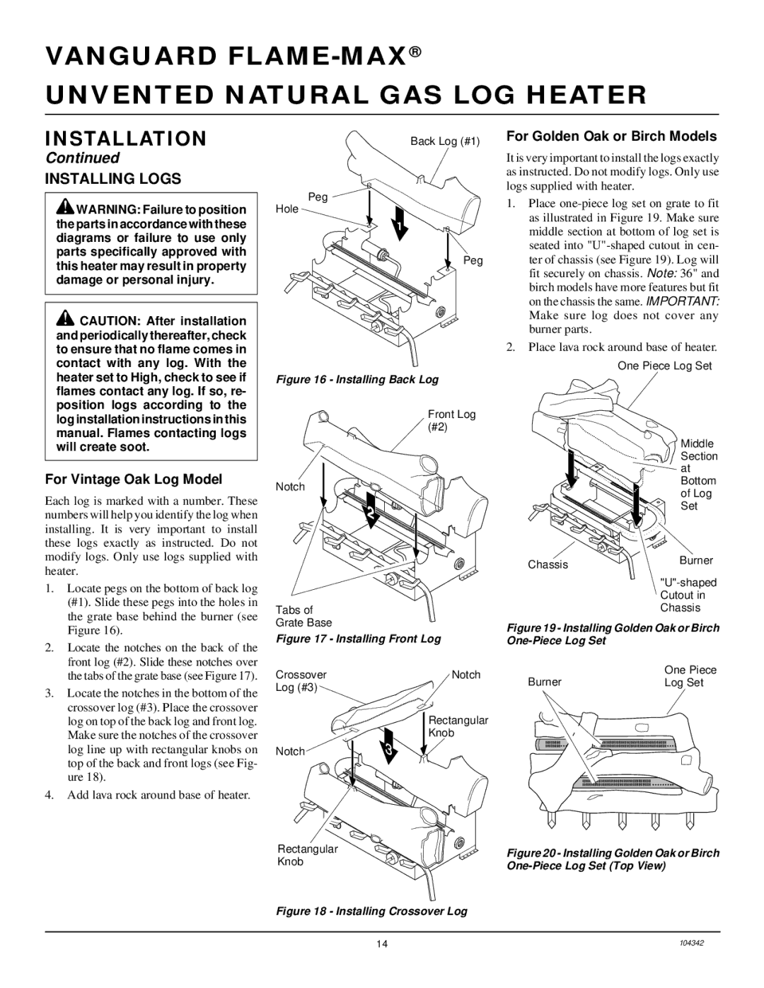 Desa GAS LOG HEATER installation manual Installing Logs, For Vintage Oak Log Model, For Golden Oak or Birch Models 