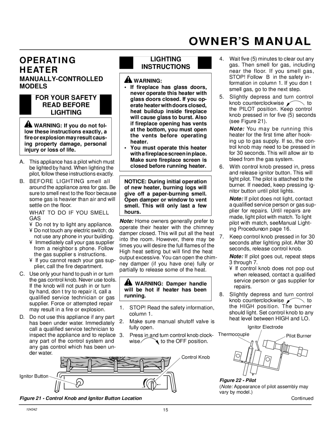 Desa GAS LOG HEATER installation manual Operating Heater, Lighting Instructions 