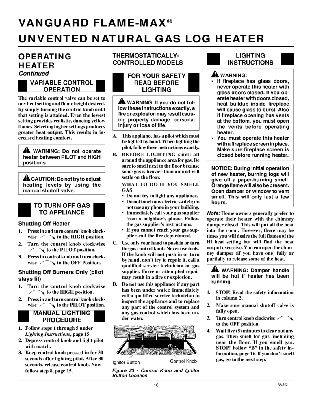 Desa GAS LOG HEATER installation manual Variable Control Operation, To Turn OFF GAS To Appliance, Manual Lighting Procedure 