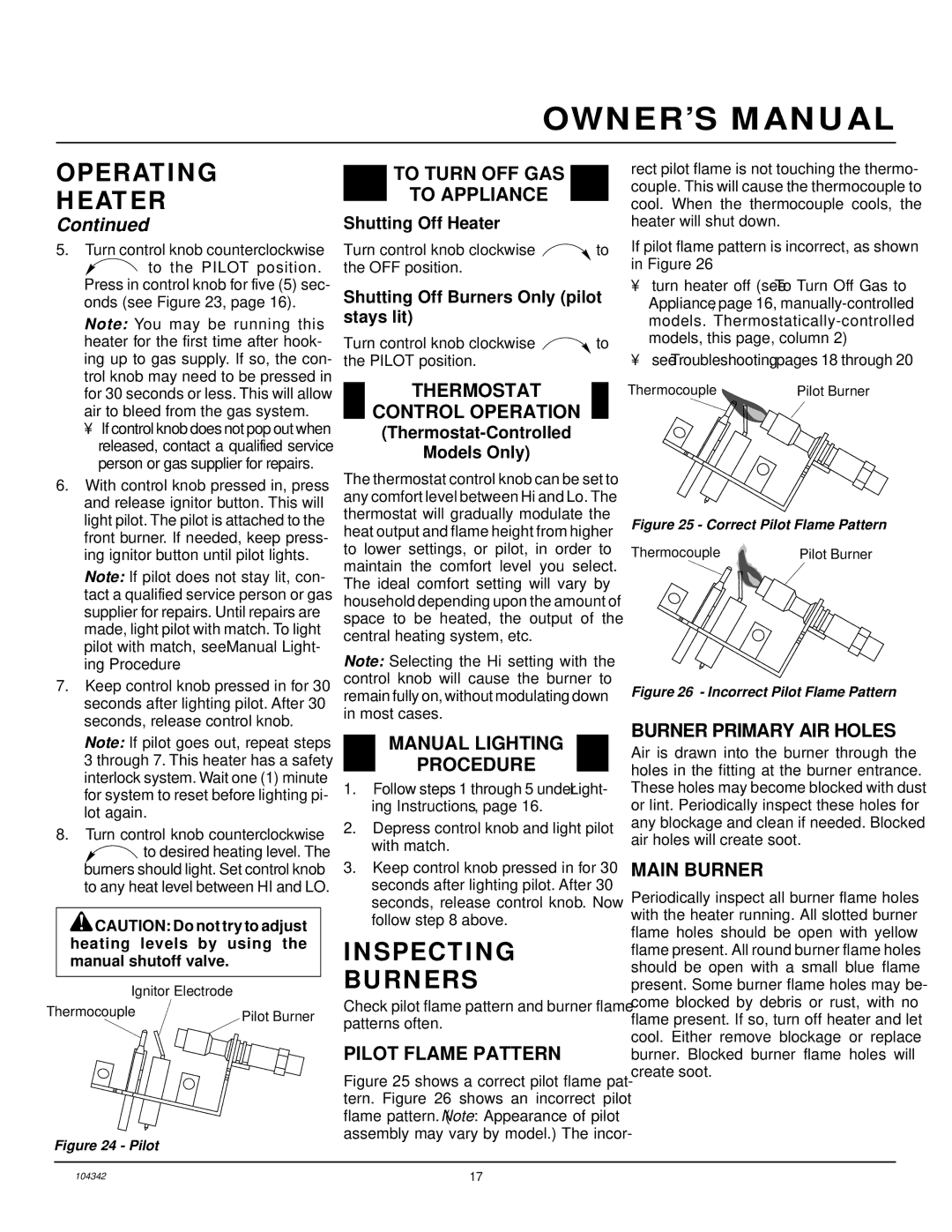 Desa GAS LOG HEATER Inspecting Burners, Thermostat Control Operation, Pilot Flame Pattern, Burner Primary AIR Holes 