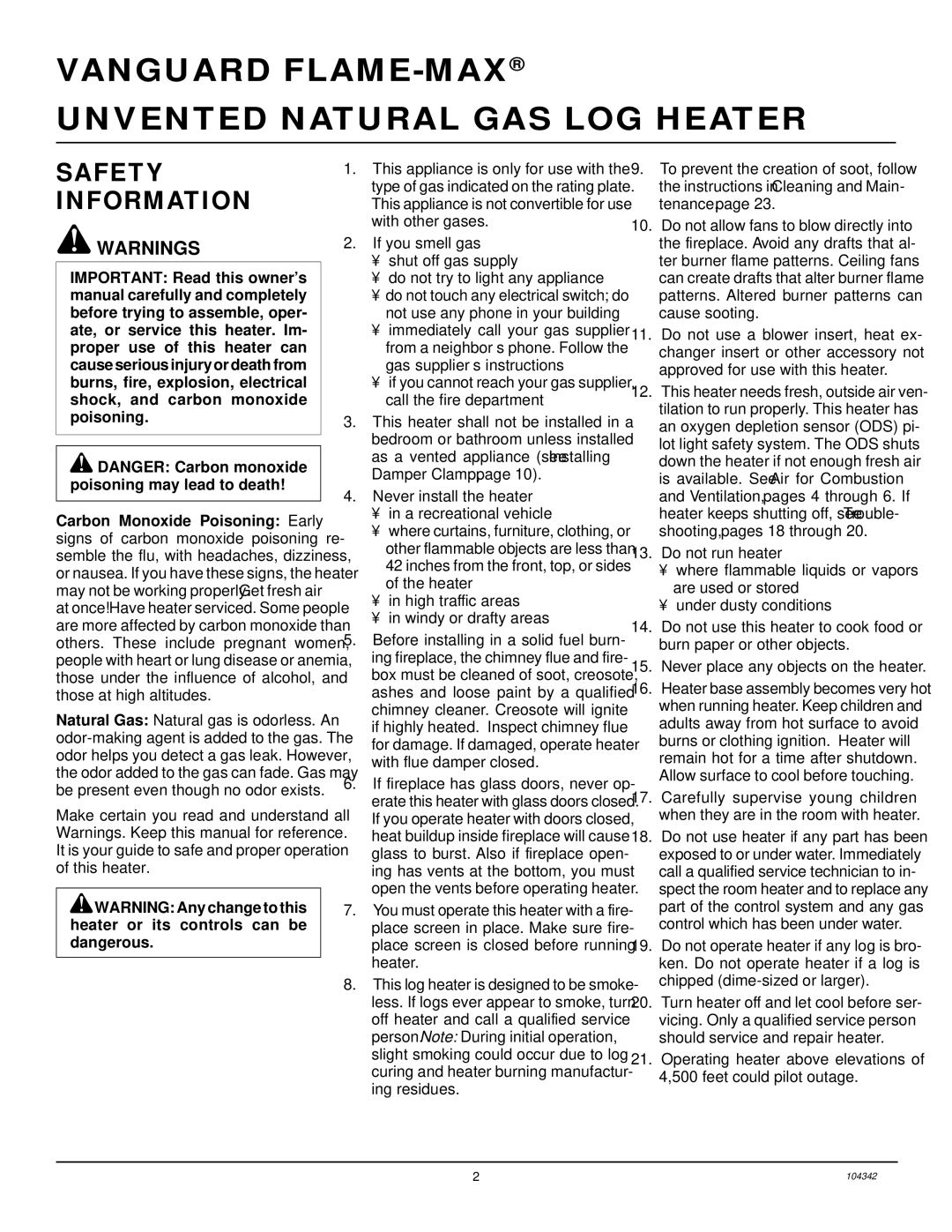 Desa GAS LOG HEATER installation manual Vanguard FLAME-MAX Unvented Natural GAS LOG Heater, Safety Information 