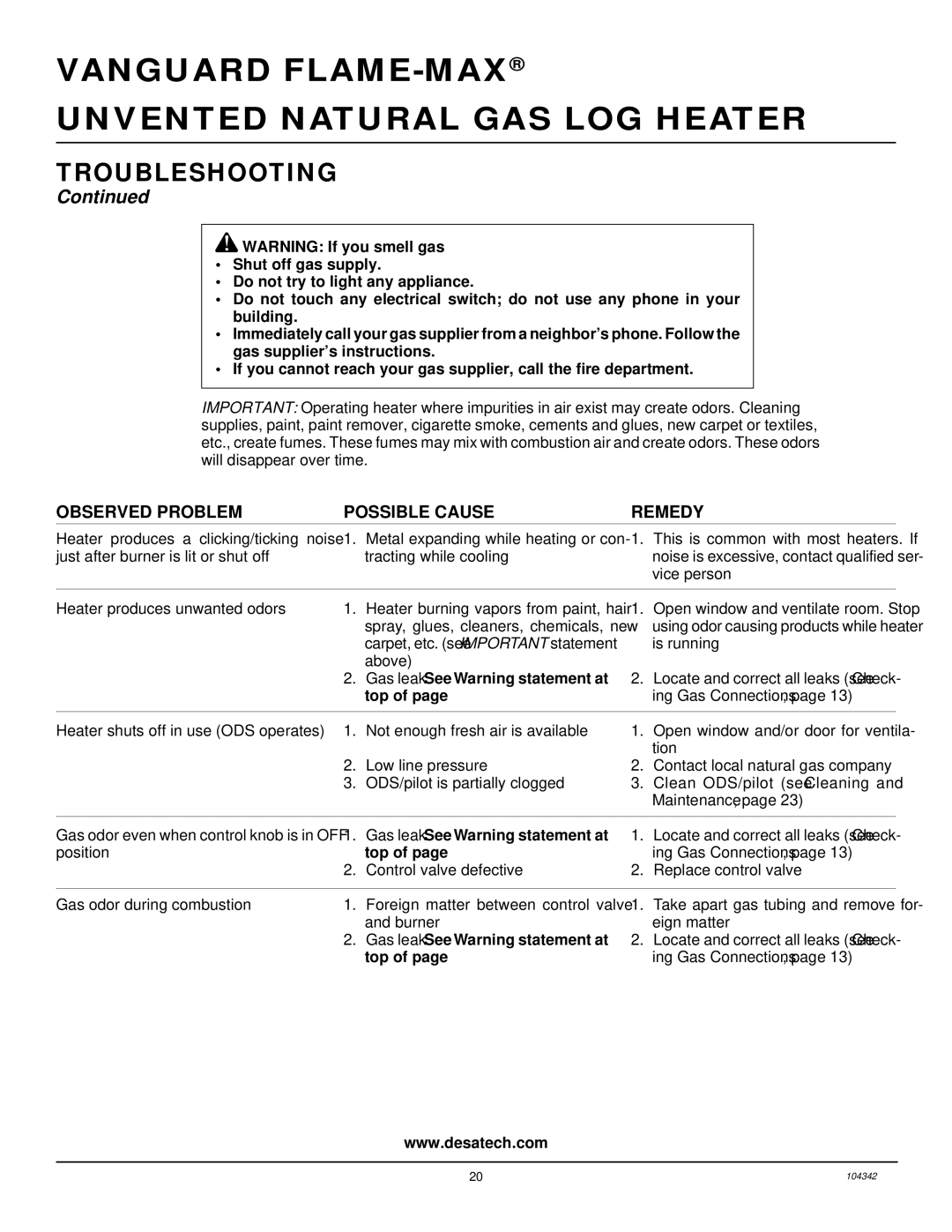 Desa GAS LOG HEATER installation manual Gas leak. See Warning statement at 