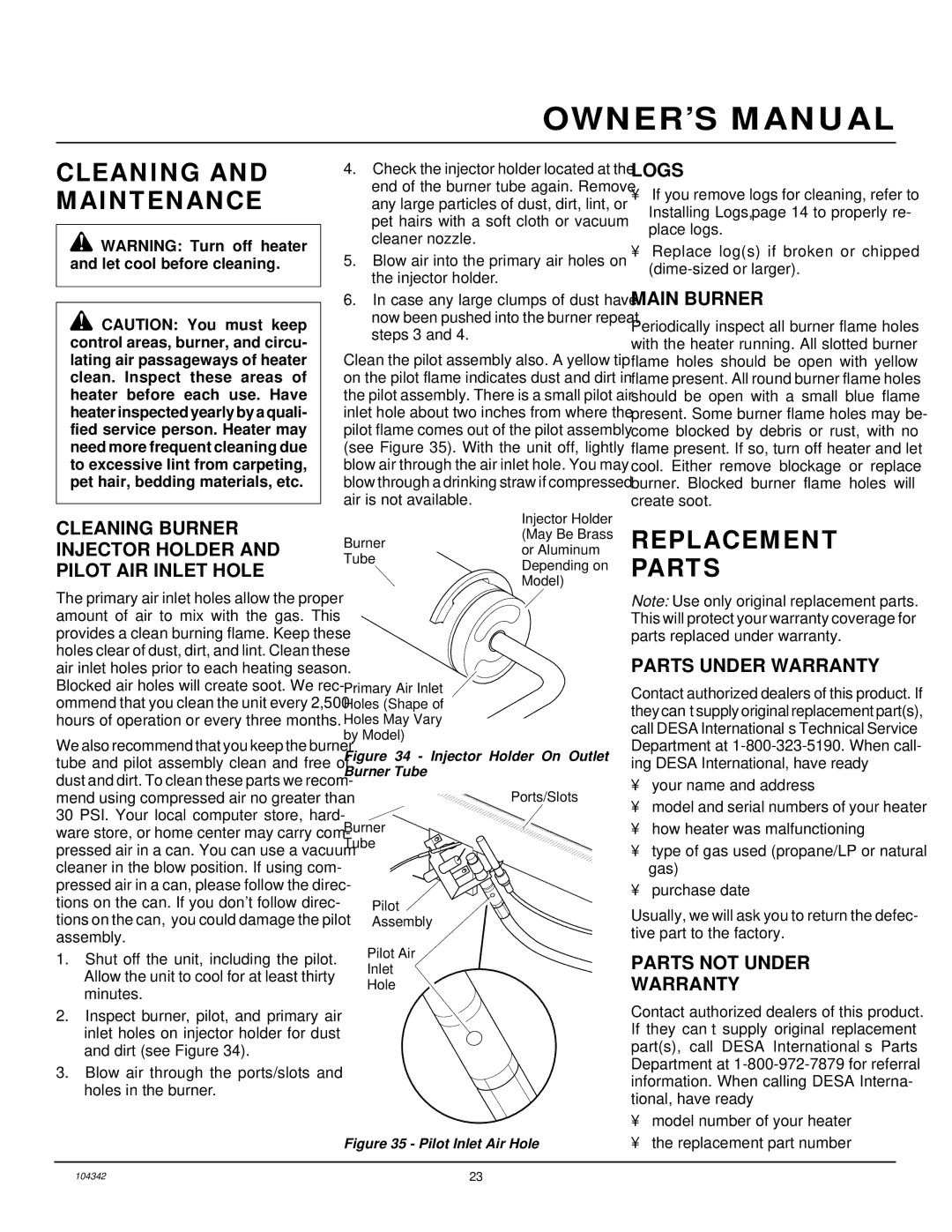 Desa GAS LOG HEATER installation manual Cleaning and Maintenance, Replacement Parts 