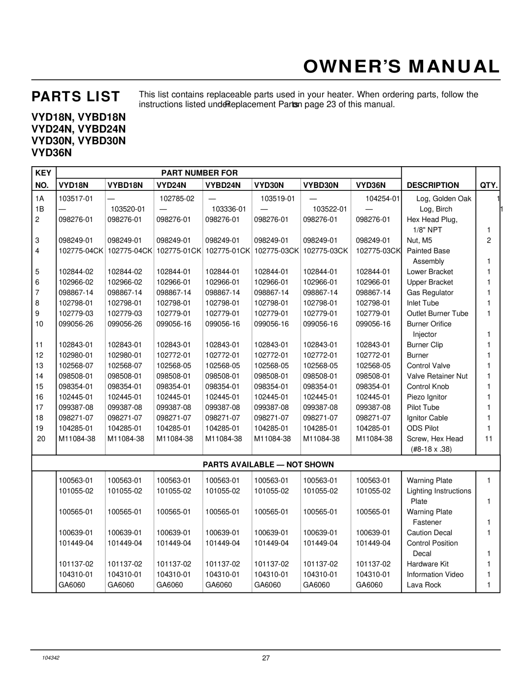 Desa GAS LOG HEATER installation manual VYD18N, VYBD18N VYD24N, VYBD24N VYD30N, VYBD30N VYD36N 