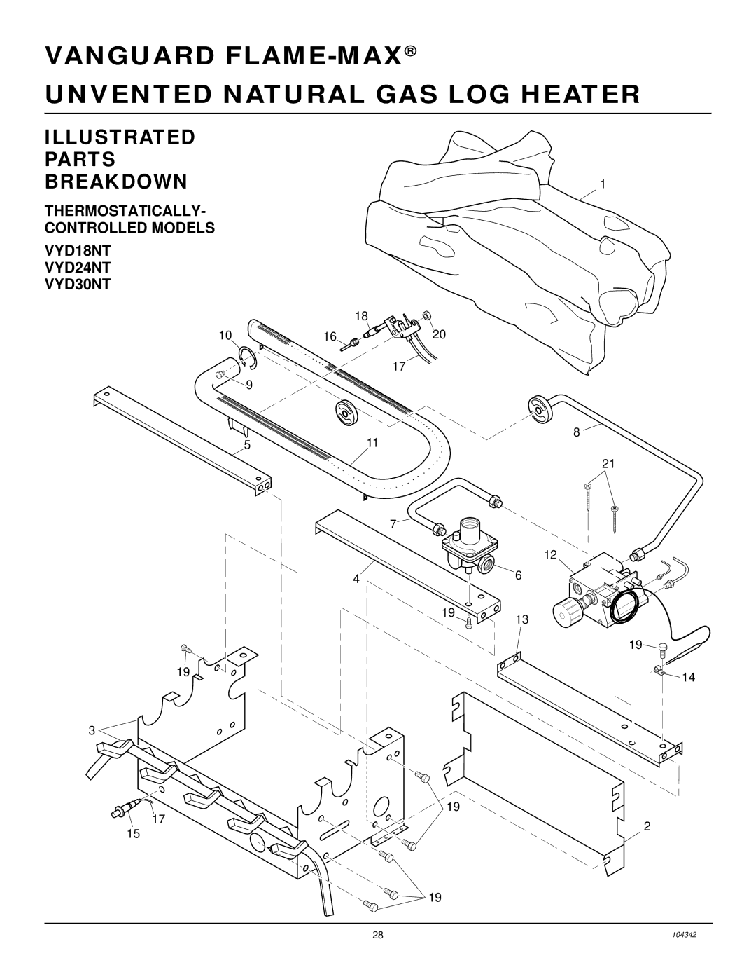 Desa GAS LOG HEATER installation manual Thermostatically Controlled Models VYD18NT VYD24NT VYD30NT 