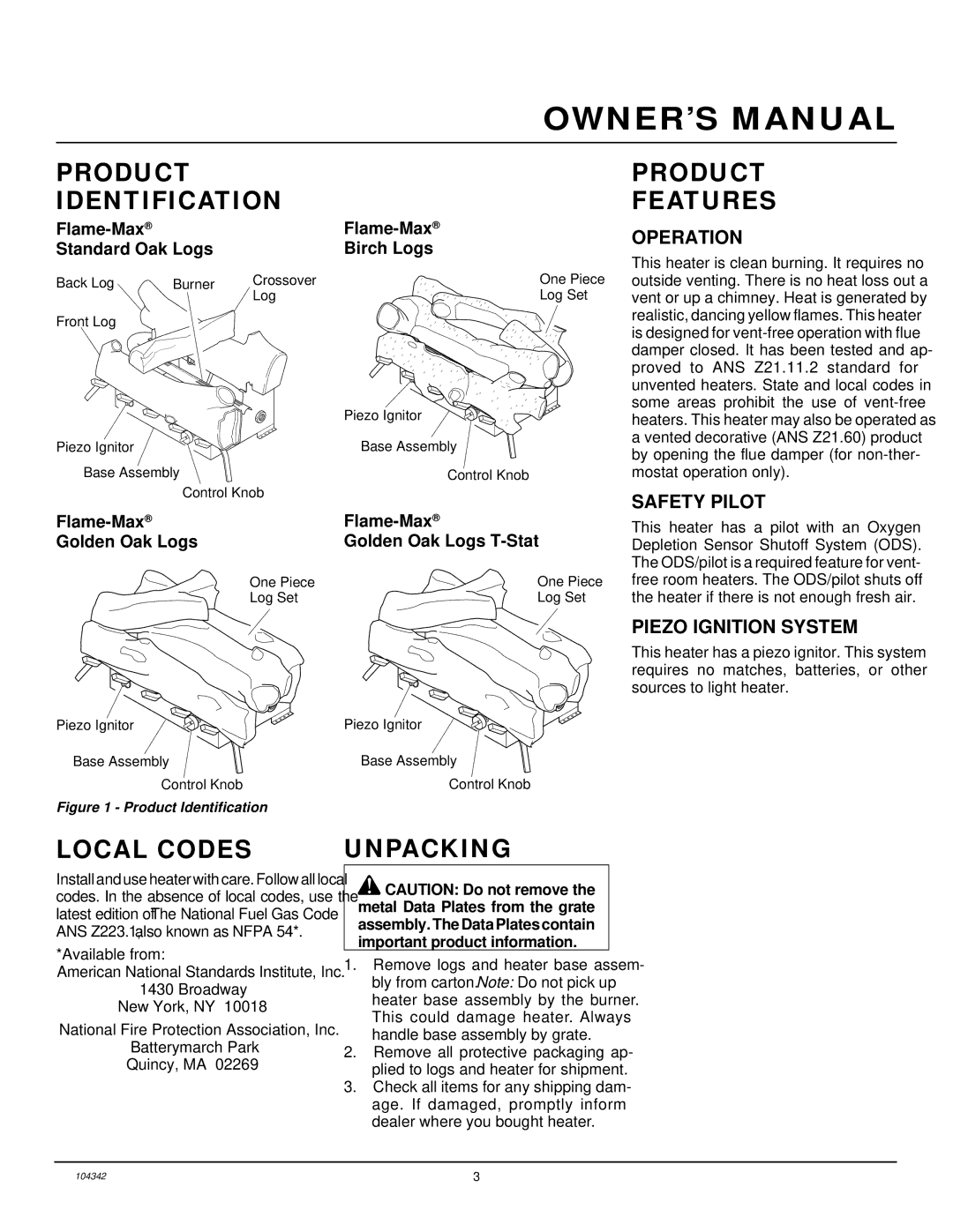 Desa GAS LOG HEATER installation manual Product Identification, Product Features, Local Codes, Unpacking 