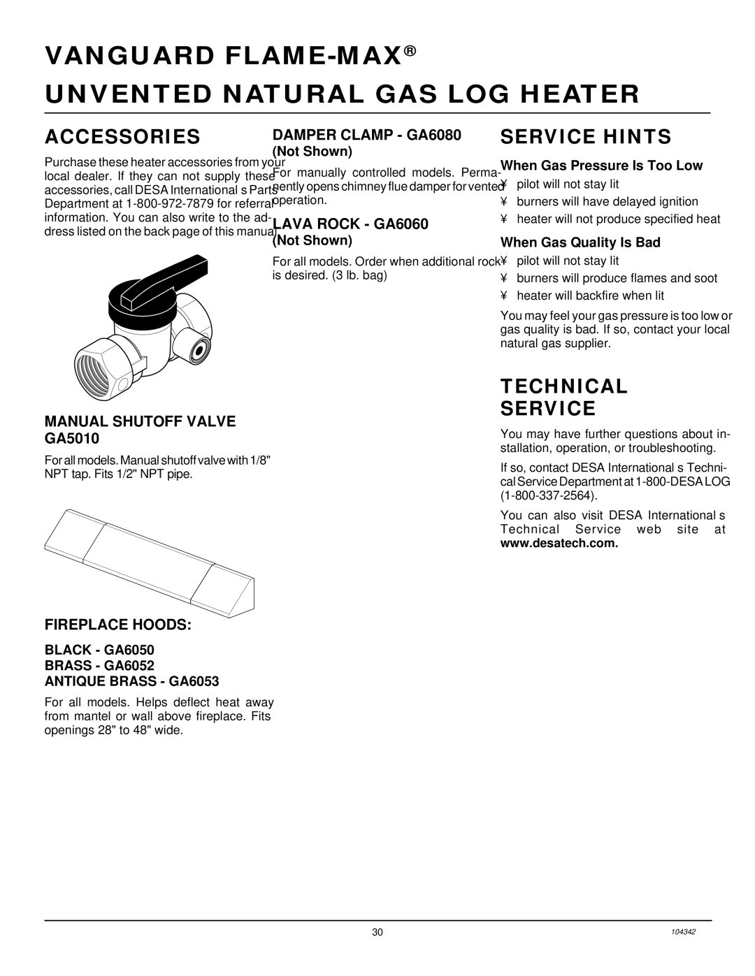 Desa GAS LOG HEATER installation manual Accessories, Service Hints, Technical Service 