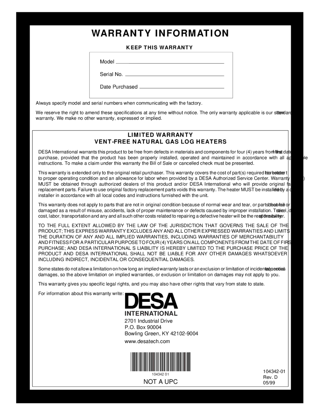 Desa GAS LOG HEATER installation manual Warranty Information, International 