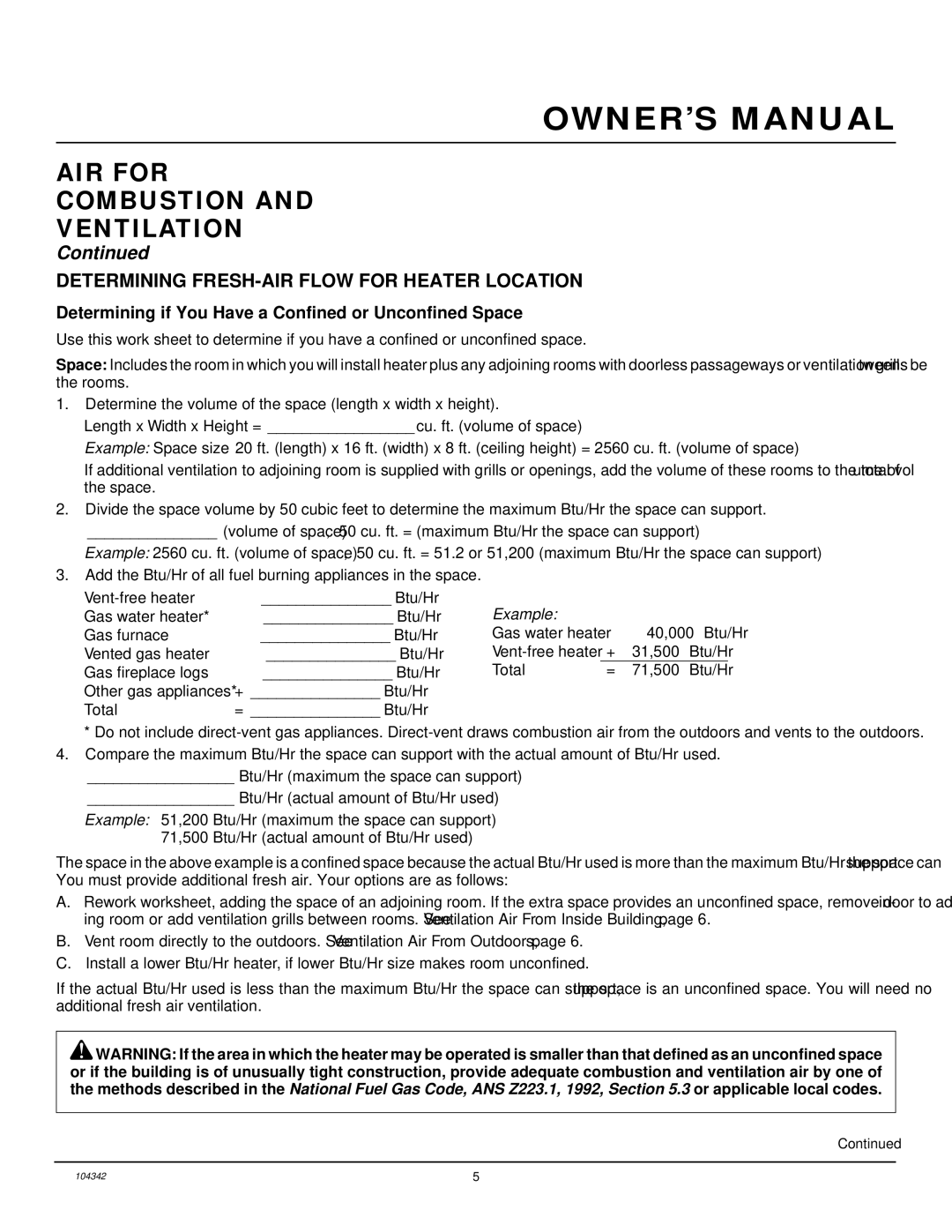 Desa GAS LOG HEATER installation manual AIR for Combustion Ventilation, Determining FRESH-AIR Flow for Heater Location 