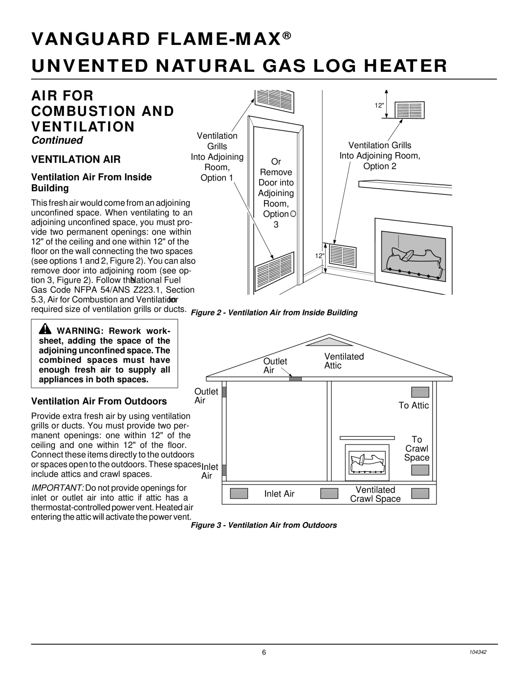 Desa GAS LOG HEATER Ventilation AIR, Ventilation Air From Inside, Building, Ventilation Air From Outdoors 