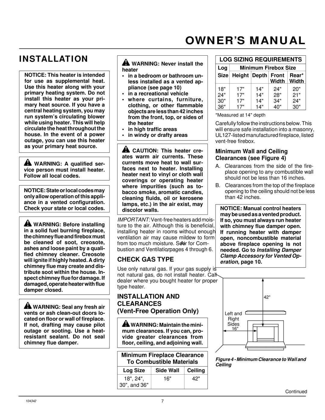 Desa GAS LOG HEATER installation manual Installation, Check GAS Type, Minimum Wall and Ceiling Clearances see Figure 