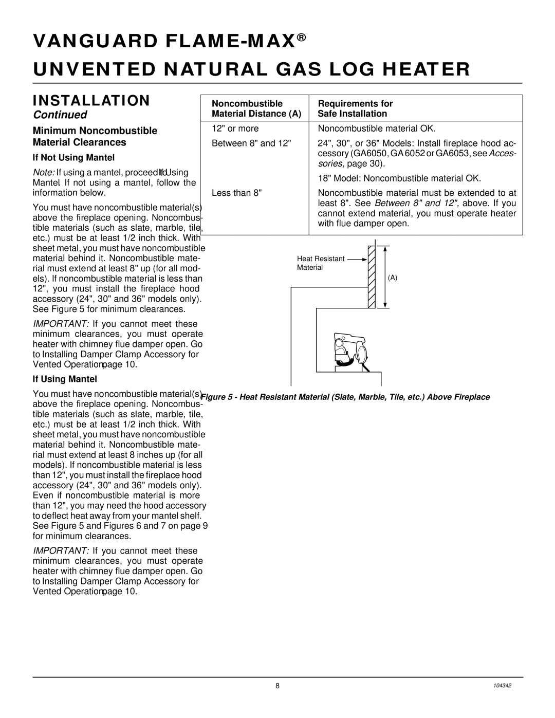 Desa GAS LOG HEATER installation manual Minimum Noncombustible Material Clearances, If Not Using Mantel 