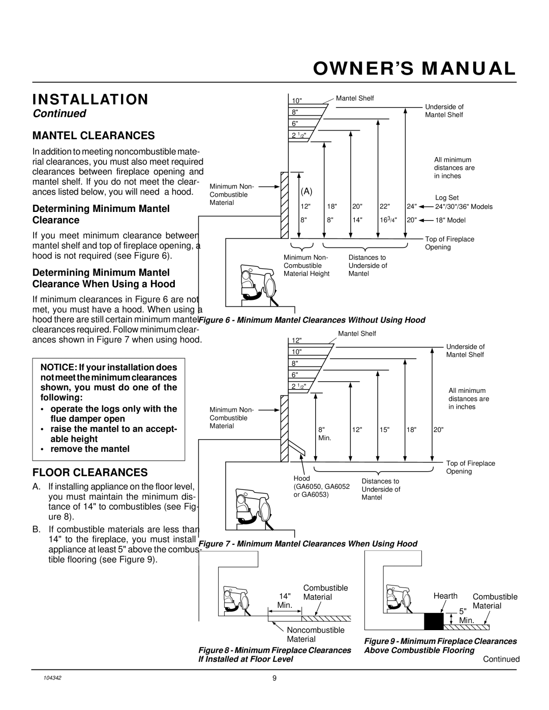 Desa GAS LOG HEATER installation manual Mantel Clearances, Floor Clearances, Determining Minimum Mantel Clearance 