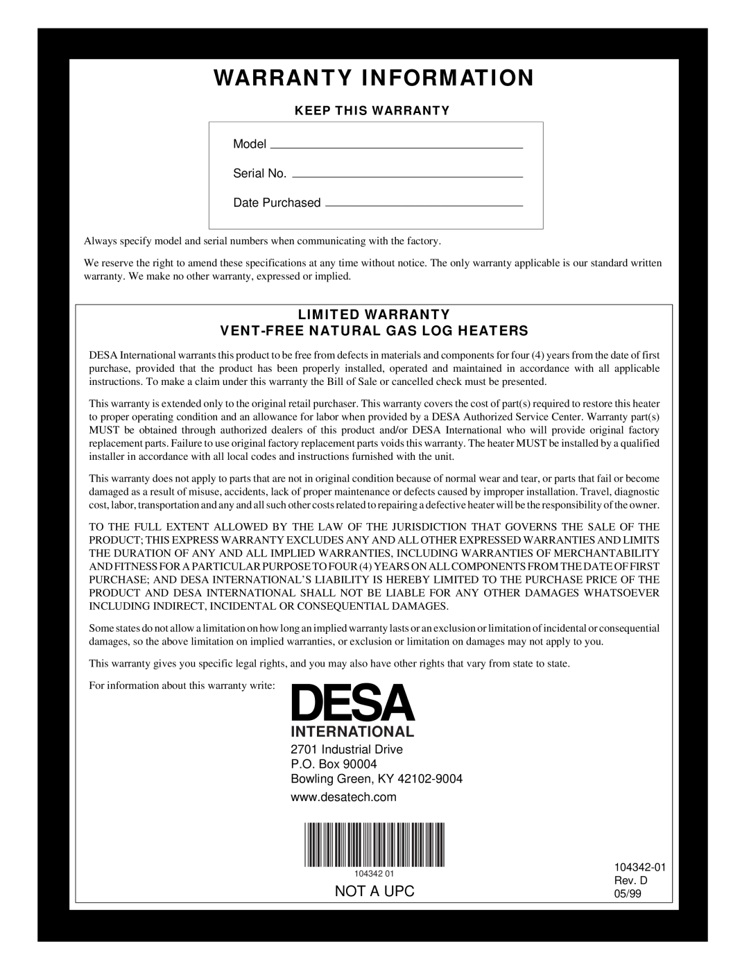 Desa GAS LOG HEATER International, Limited Warranty Vent-Freenatural Gas Log Heaters, Warranty Information, Not A Upc 