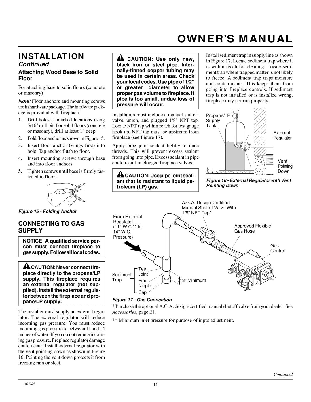 Desa GCF26PR installation manual Connecting to GAS Supply, Attaching Wood Base to Solid Floor 