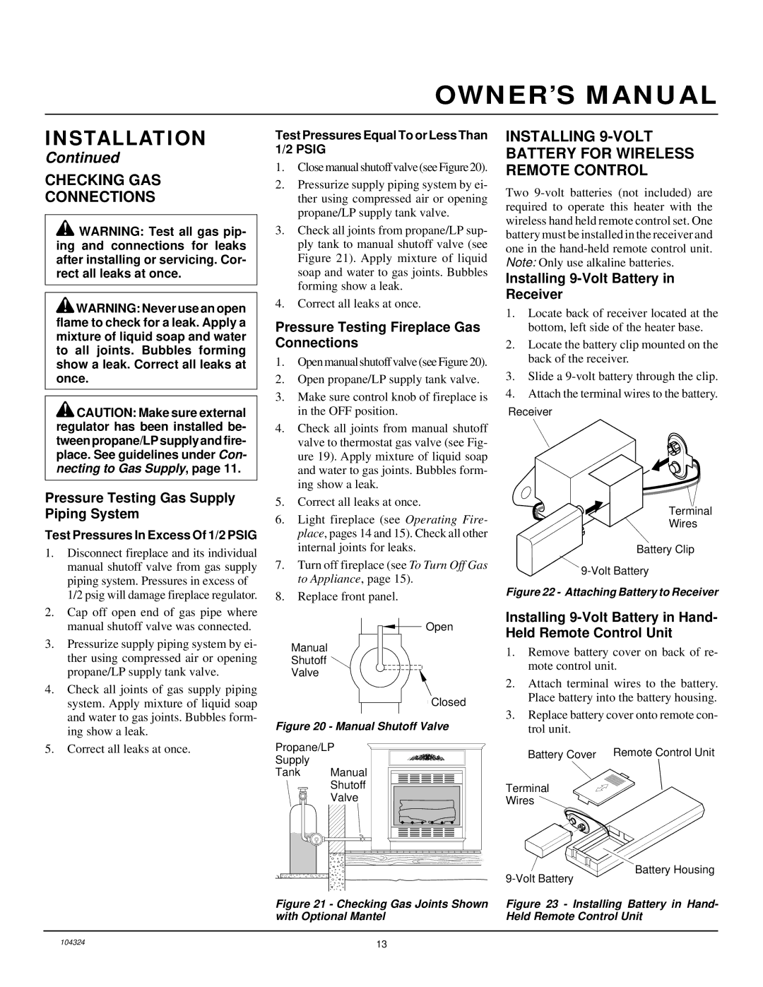 Desa GCF26PR installation manual Checking GAS Connections, Installing 9-VOLT Battery for Wireless Remote Control 