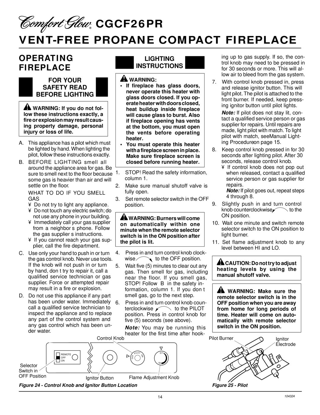 Desa GCF26PR installation manual Operating Fireplace, For Your Safety Read Before Lighting, Lighting Instructions 