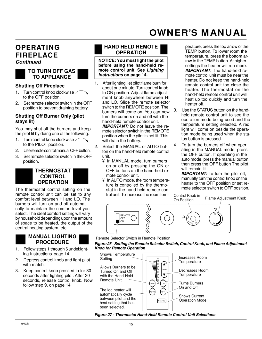 Desa GCF26PR installation manual To Turn OFF GAS To Appliance, Thermostat Control Operation, Hand Held Remote Operation 