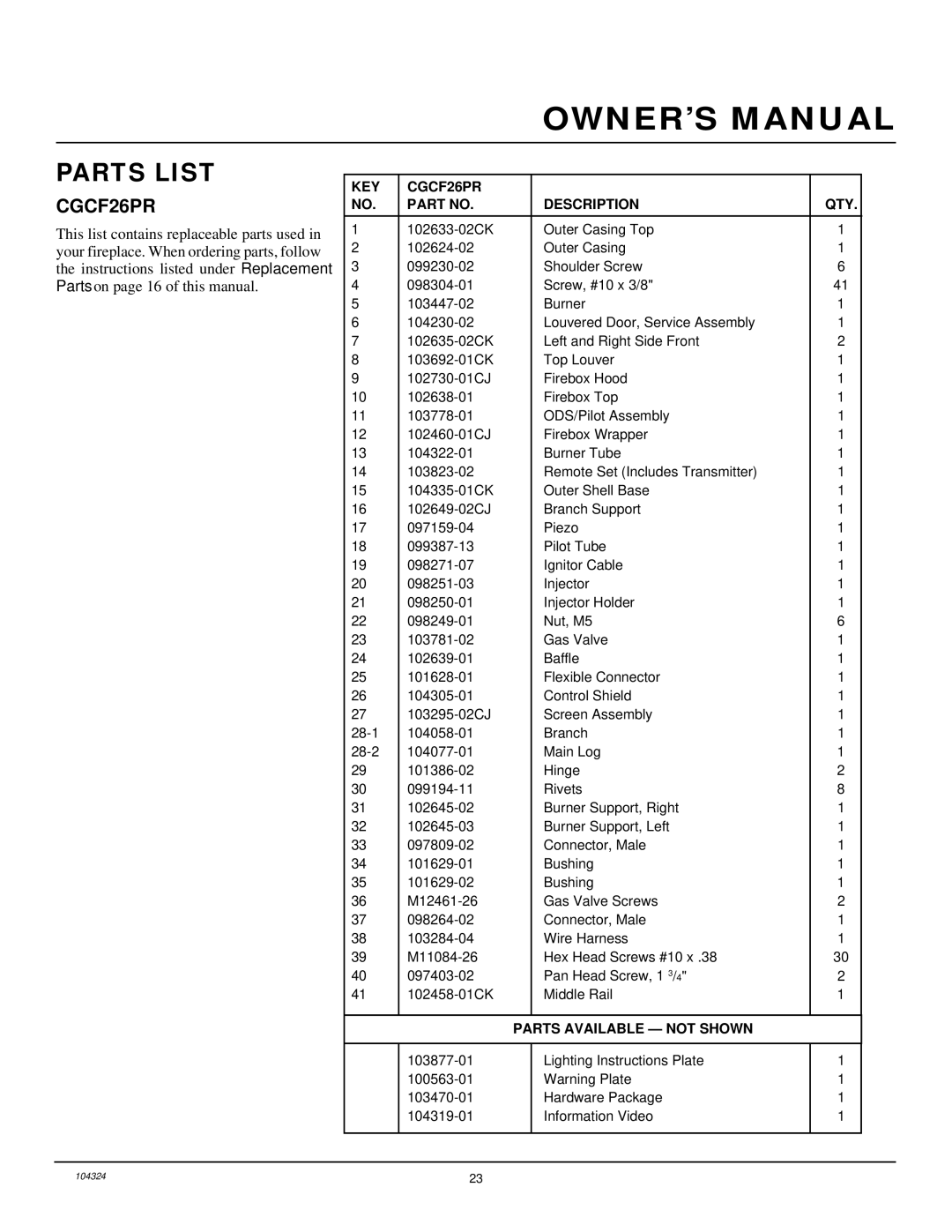 Desa installation manual Parts List, KEY CGCF26PR Description QTY 