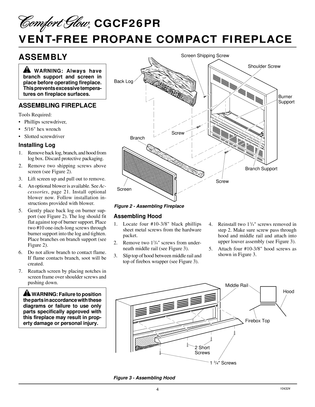 Desa GCF26PR installation manual Assembly, Assembling Fireplace, Installing Log, Assembling Hood 