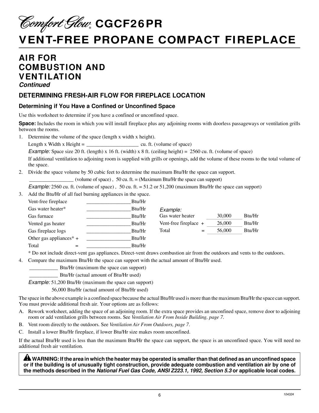 Desa GCF26PR installation manual AIR for Combustion Ventilation, Determining FRESH-AIR Flow for Fireplace Location 