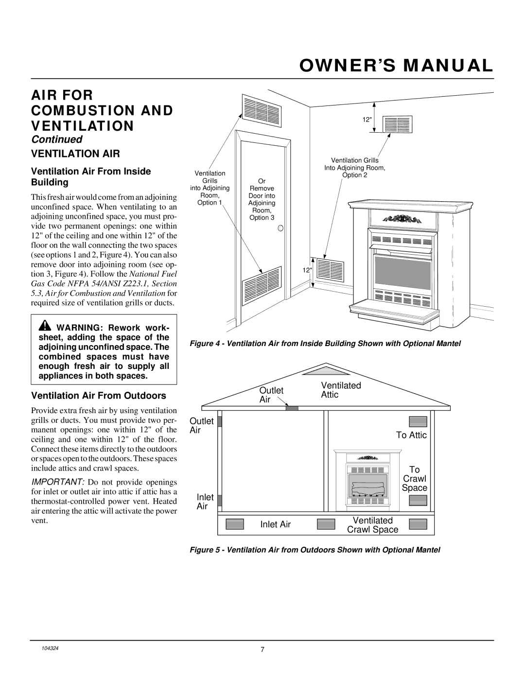 Desa GCF26PR installation manual Ventilation AIR, Ventilation Air From Inside Building, Ventilation Air From Outdoors 