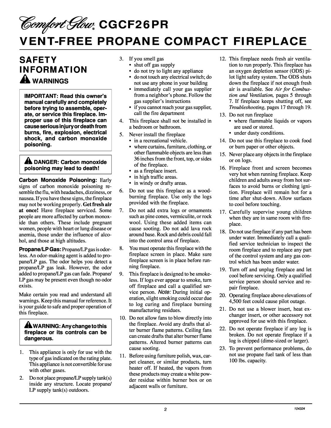 Desa installation manual CGCF26PR VENT-FREEPROPANE COMPACT FIREPLACE, Safety Information, Warnings 
