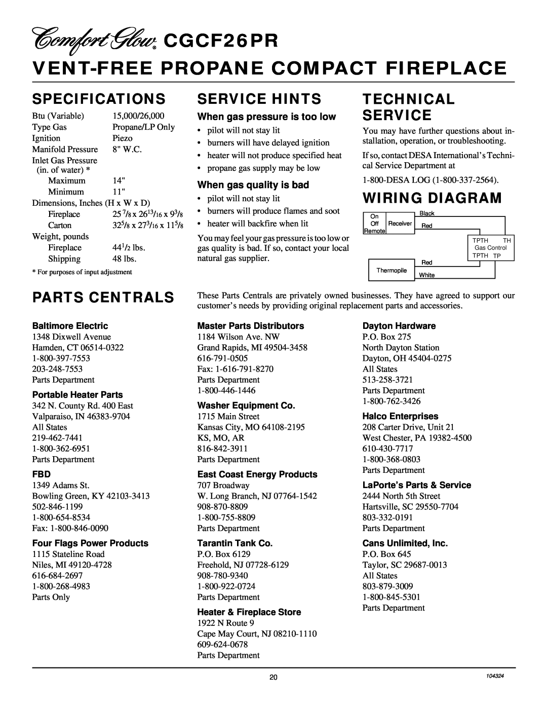 Desa GCF26PR installation manual Specifications, Service Hints, Technical Service, Wiring Diagram, Parts Centrals 
