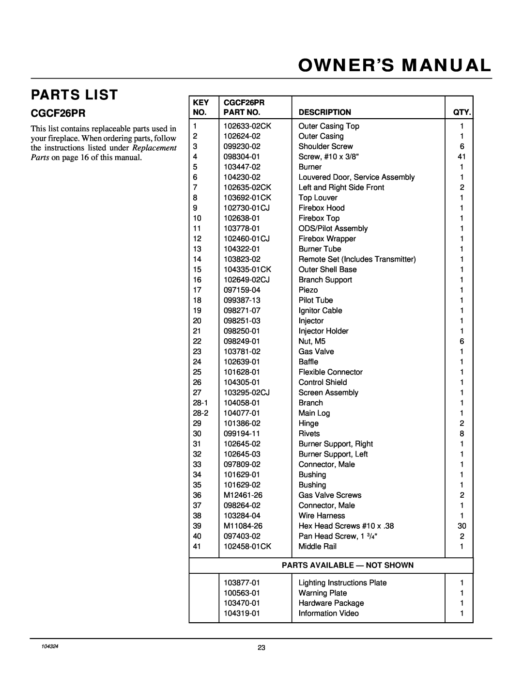 Desa installation manual Parts List, CGCF26PR, Description, Parts Available - Not Shown 