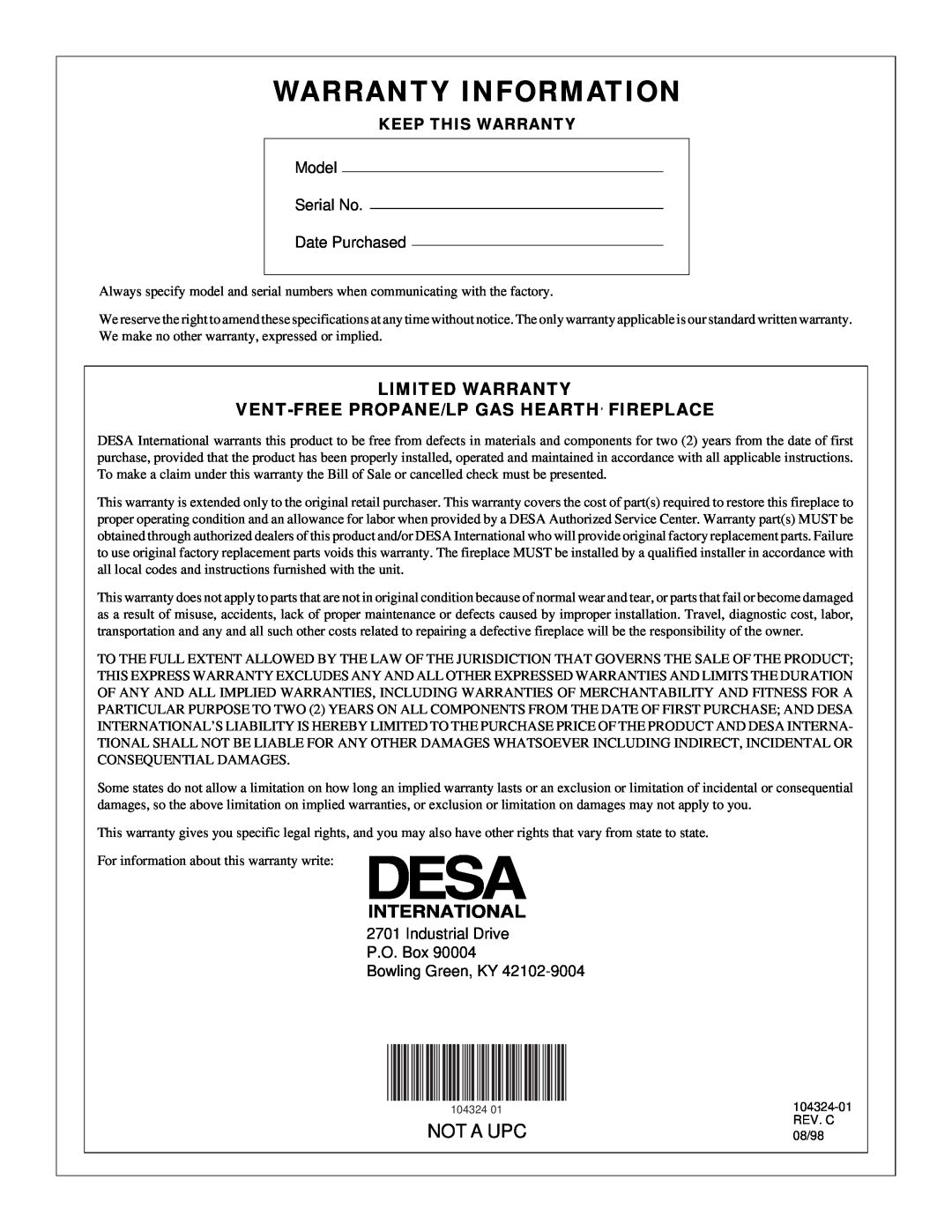 Desa GCF26PR installation manual Warranty Information, Not A Upc 