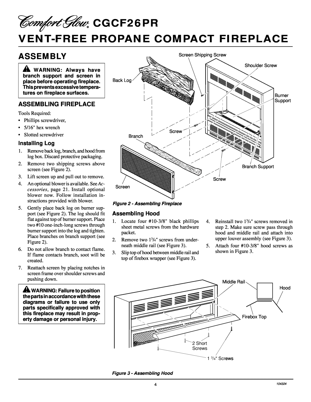 Desa installation manual Assembly, Assembling Fireplace, CGCF26PR VENT-FREEPROPANE COMPACT FIREPLACE 