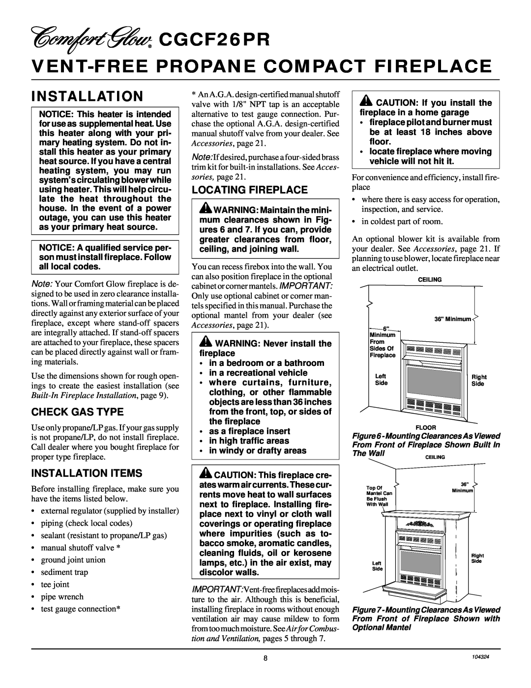 Desa Check Gas Type, Installation Items, Locating Fireplace, CGCF26PR VENT-FREEPROPANE COMPACT FIREPLACE 