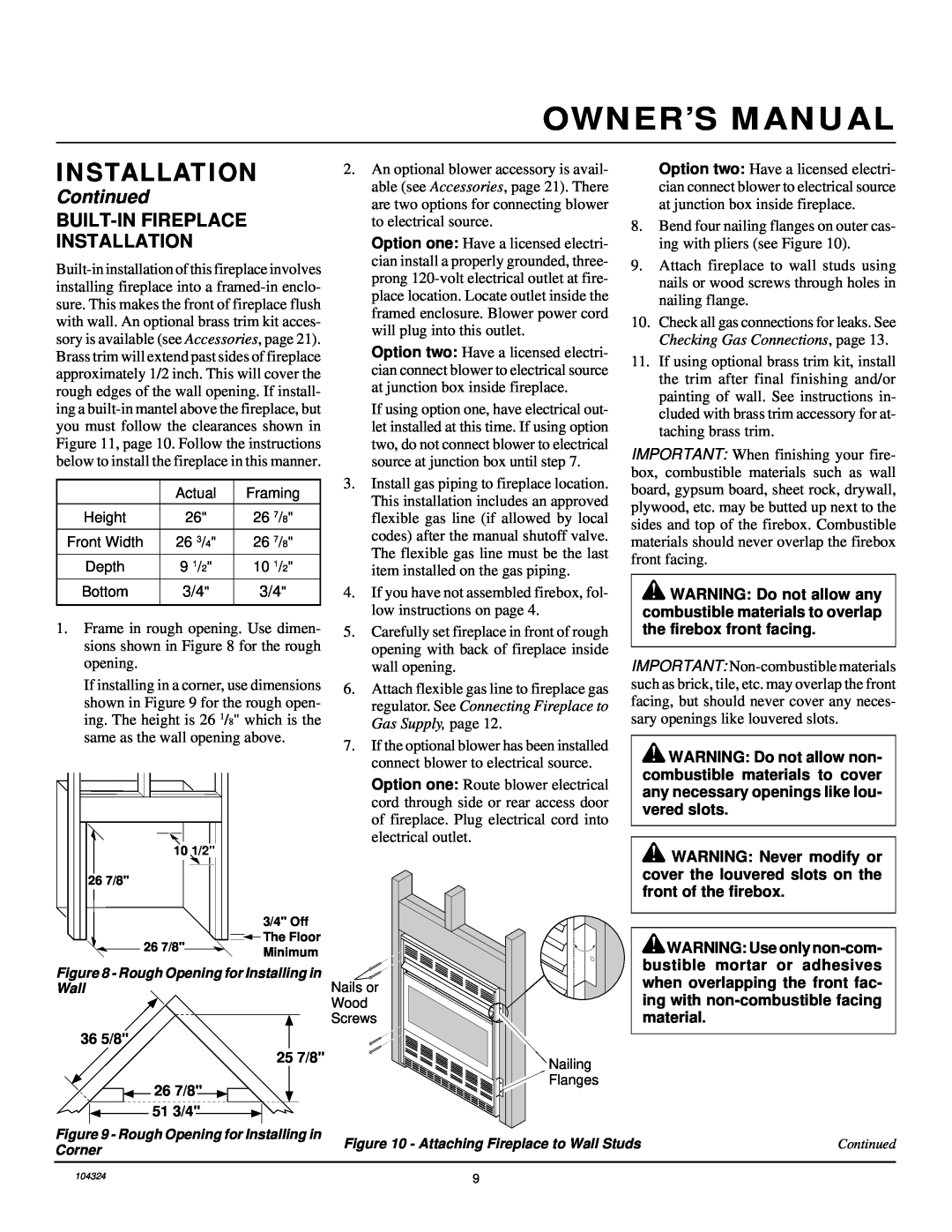 Desa GCF26PR installation manual Built-Infireplace Installation, Continued 