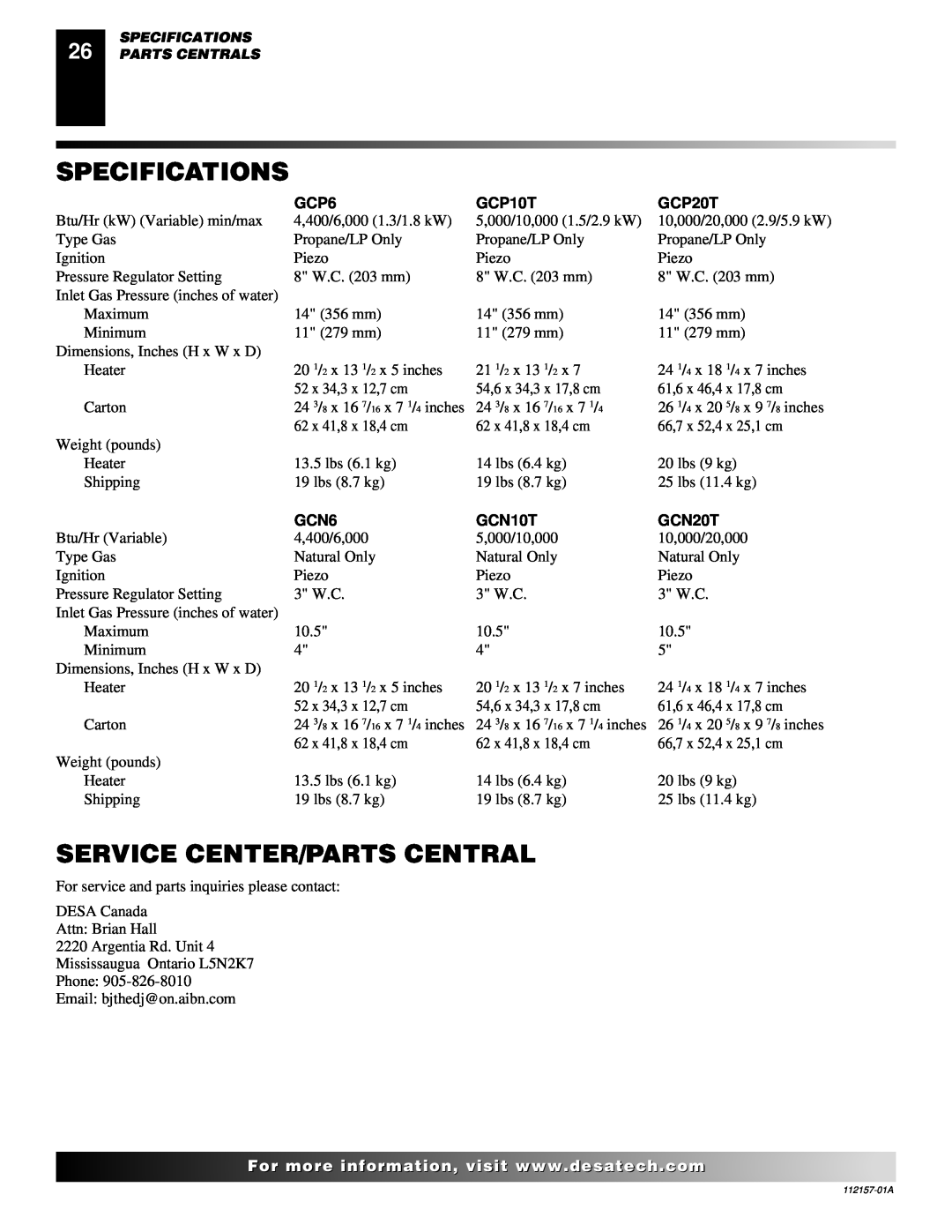 Desa GCN6, GCP6 GCN10T, GCP10TGCN20T installation manual Specifications, Service Center/Parts Central, GCP20T 