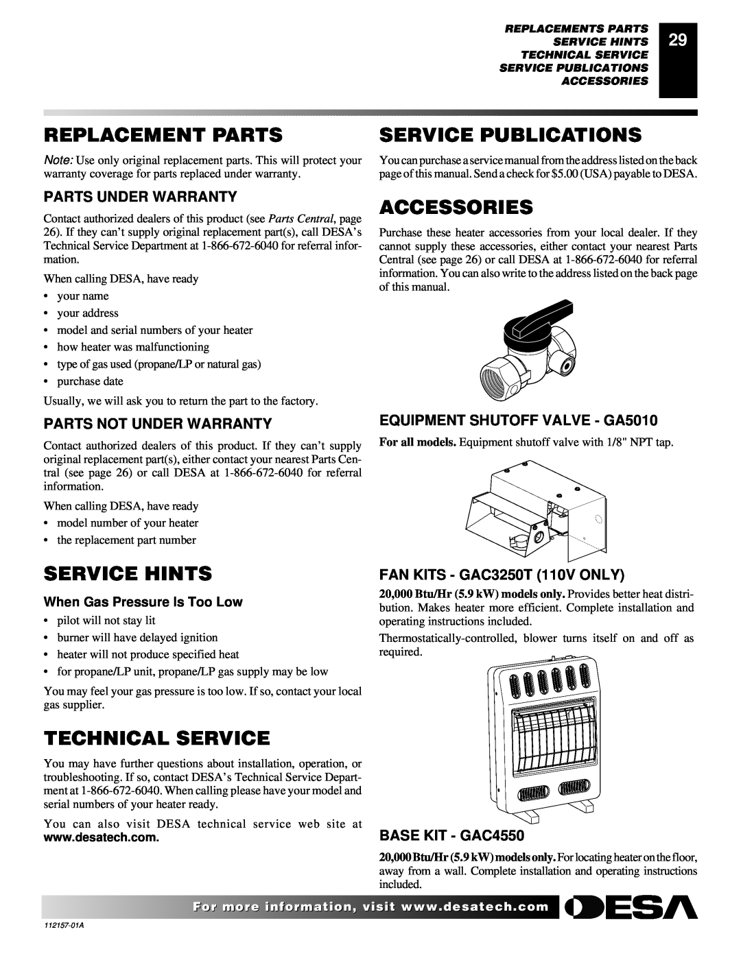 Desa GCP20T Replacement Parts, Service Publications, Accessories, Service Hints, Technical Service, Parts Under Warranty 