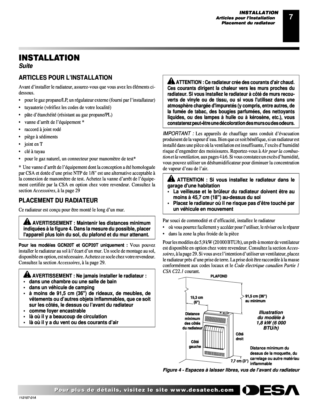 Desa GCP20T Articles Pour L’Installation, Placement Du Radiateur, Suite, AVERTISSEMENT Ne jamais installer le radiateur 