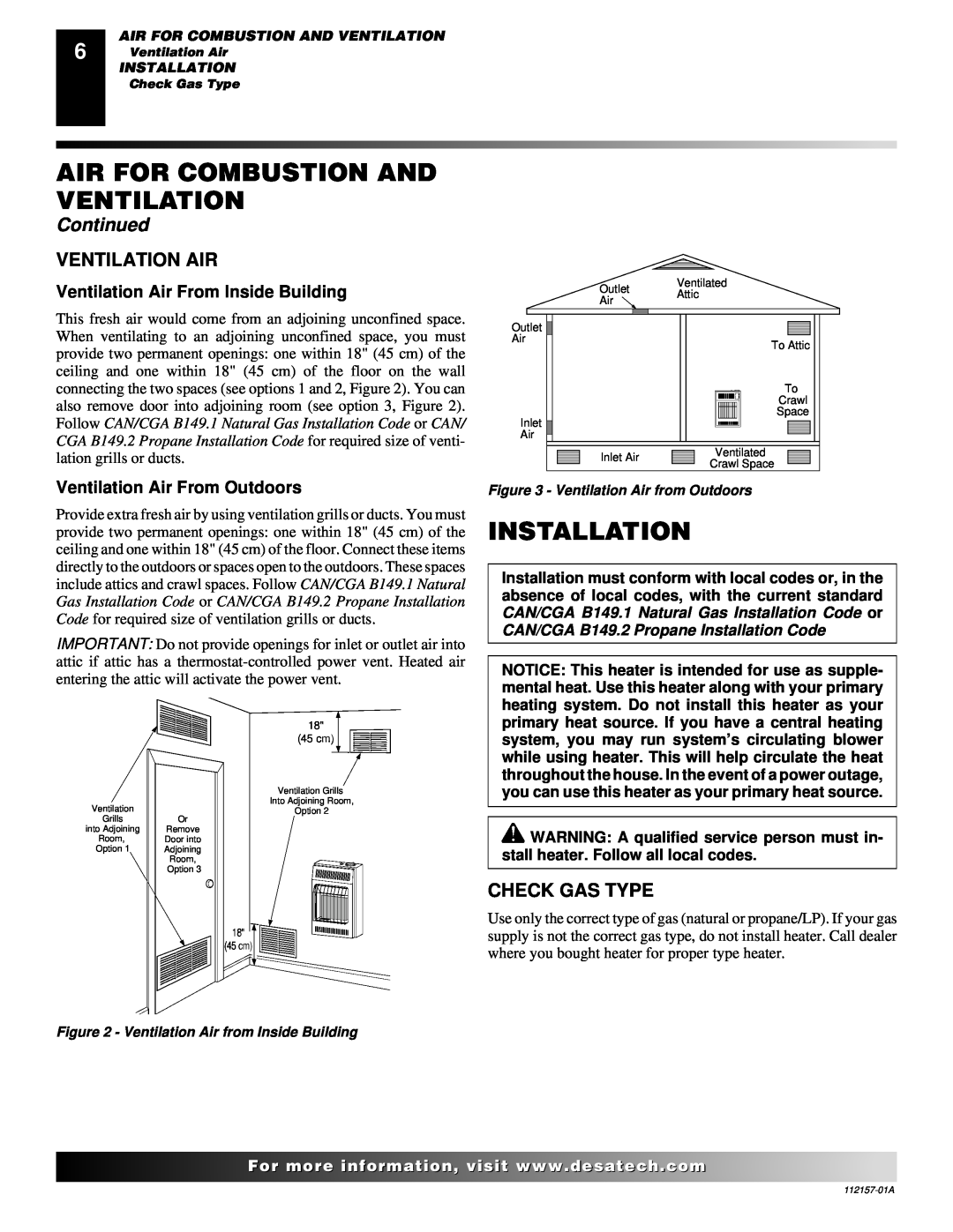 Desa GCN6 Installation, Check Gas Type, Ventilation Air From Inside Building, Ventilation Air From Outdoors, Continued 