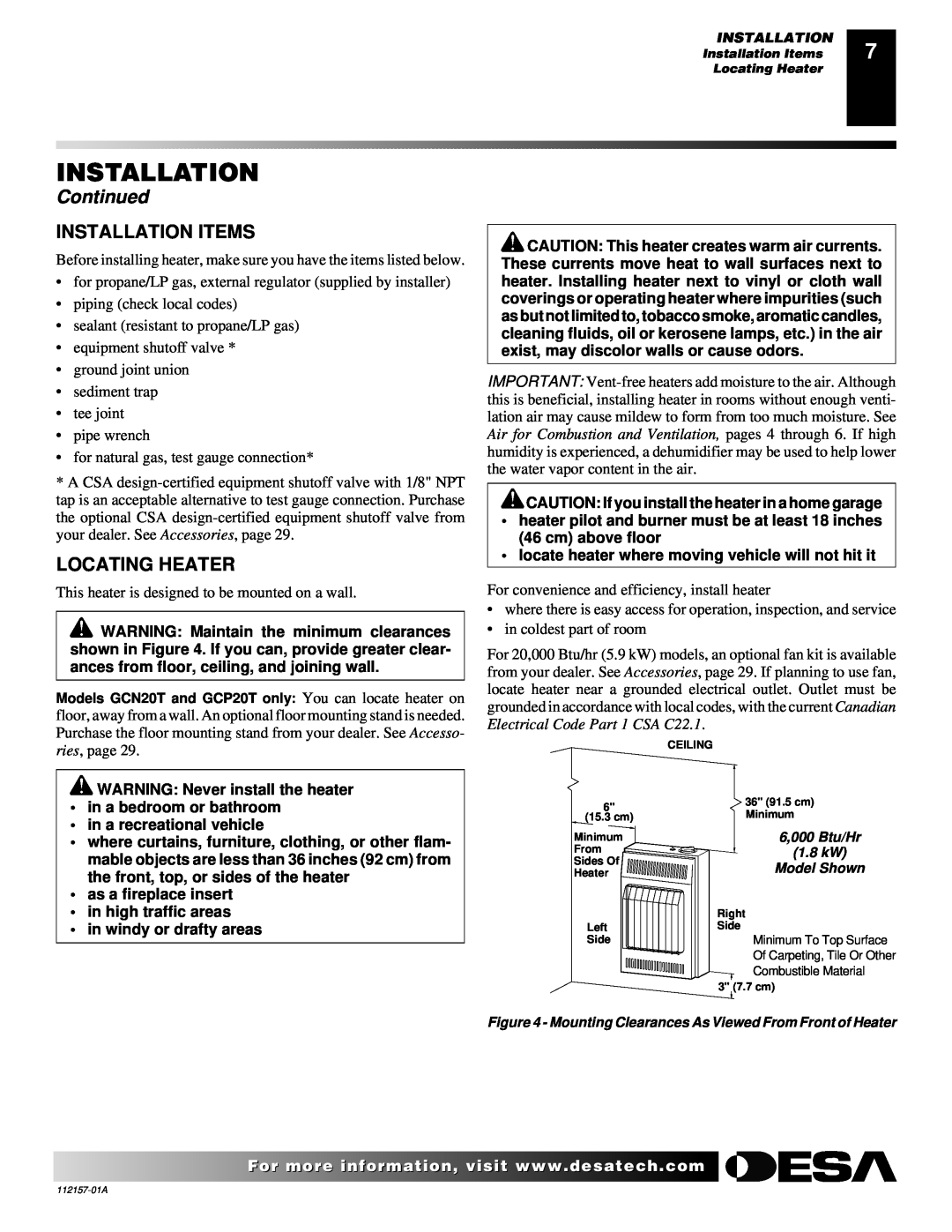 Desa GCP10TGCN20T, GCP6 GCN10T, GCP20T, GCN6 installation manual Installation Items, Locating Heater, Continued 