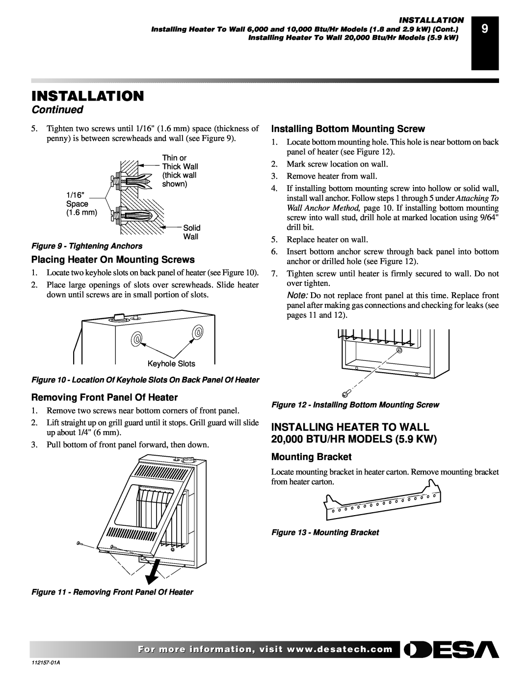 Desa GCP20T Placing Heater On Mounting Screws, Installing Bottom Mounting Screw, Removing Front Panel Of Heater, Continued 