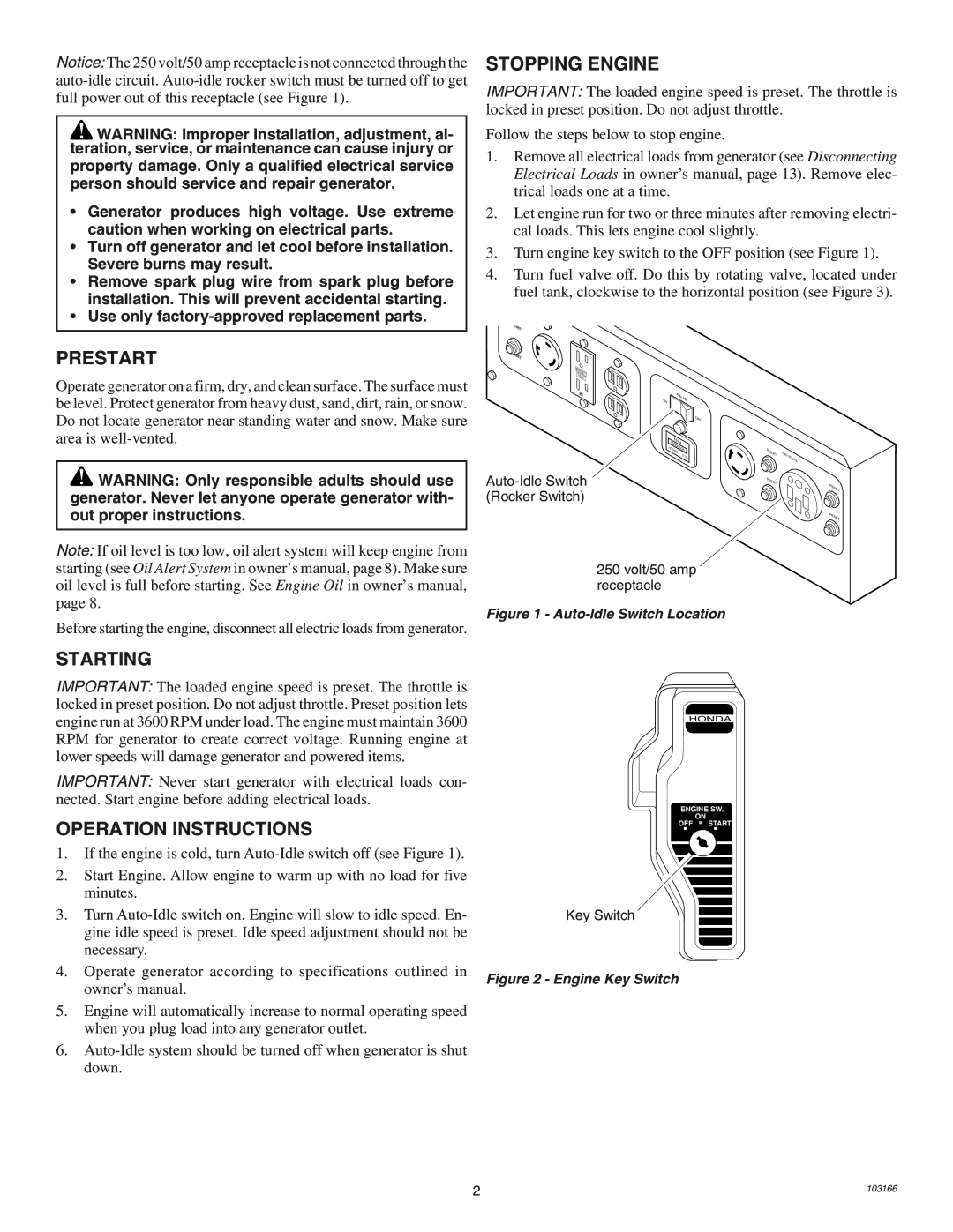 Desa GENERATOR owner manual Stopping Engine, Prestart, Starting, Operation Instructions 