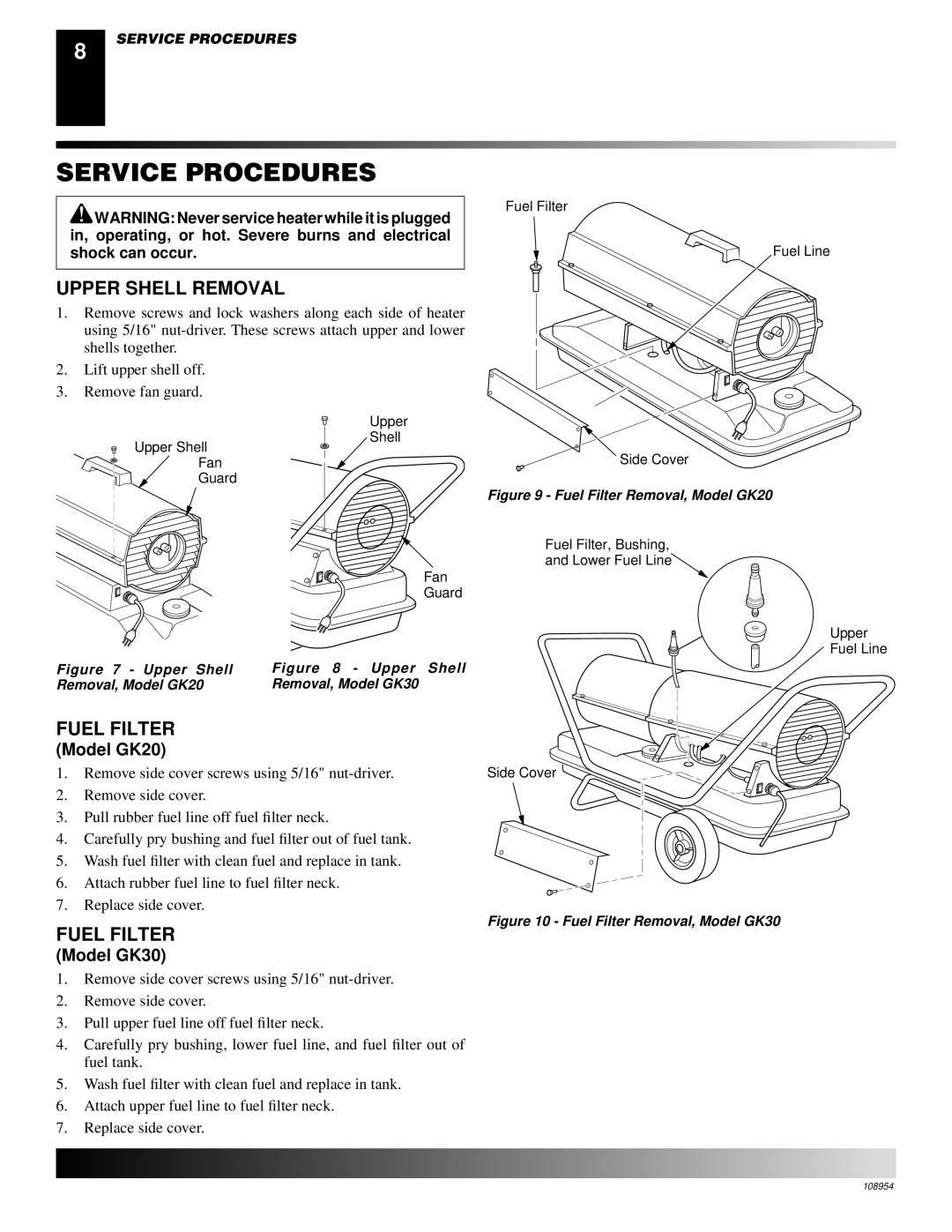 Desa owner manual Service Procedures, Upper Shell Removal, Fuel Filter, Model GK20, Model GK30 