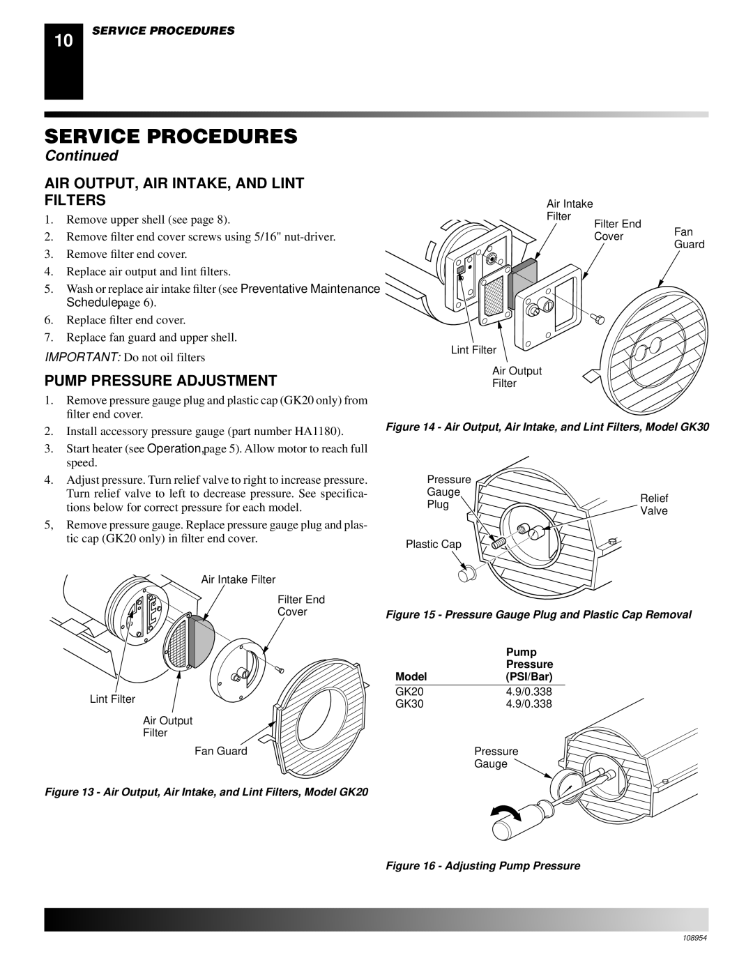 Desa GK20, GK30 owner manual AIR OUTPUT, AIR INTAKE, and Lint Filters, Pump Pressure Adjustment 