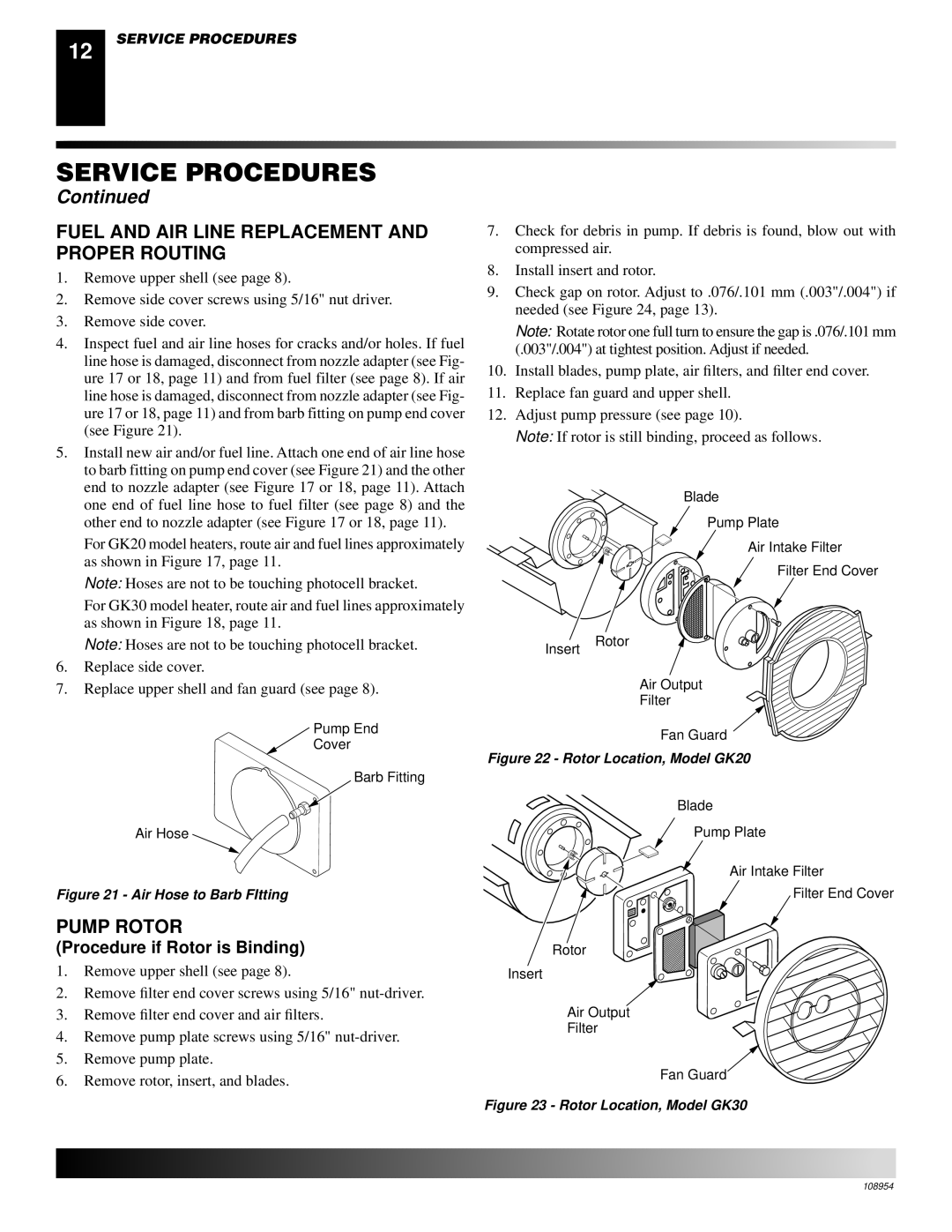 Desa GK20, GK30 owner manual Fuel and AIR Line Replacement and Proper Routing, Pump Rotor, Procedure if Rotor is Binding 