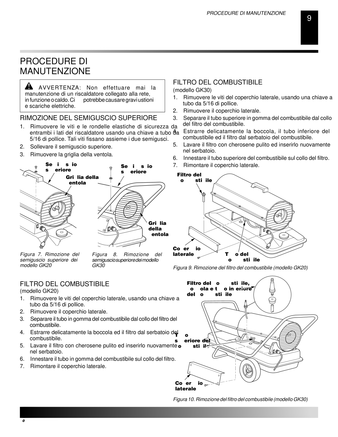 Desa GK30 owner manual Procedure DI Manutenzione, Rimozione DEL Semiguscio Superiore, Filtro DEL Combustibile, Modello GK20 