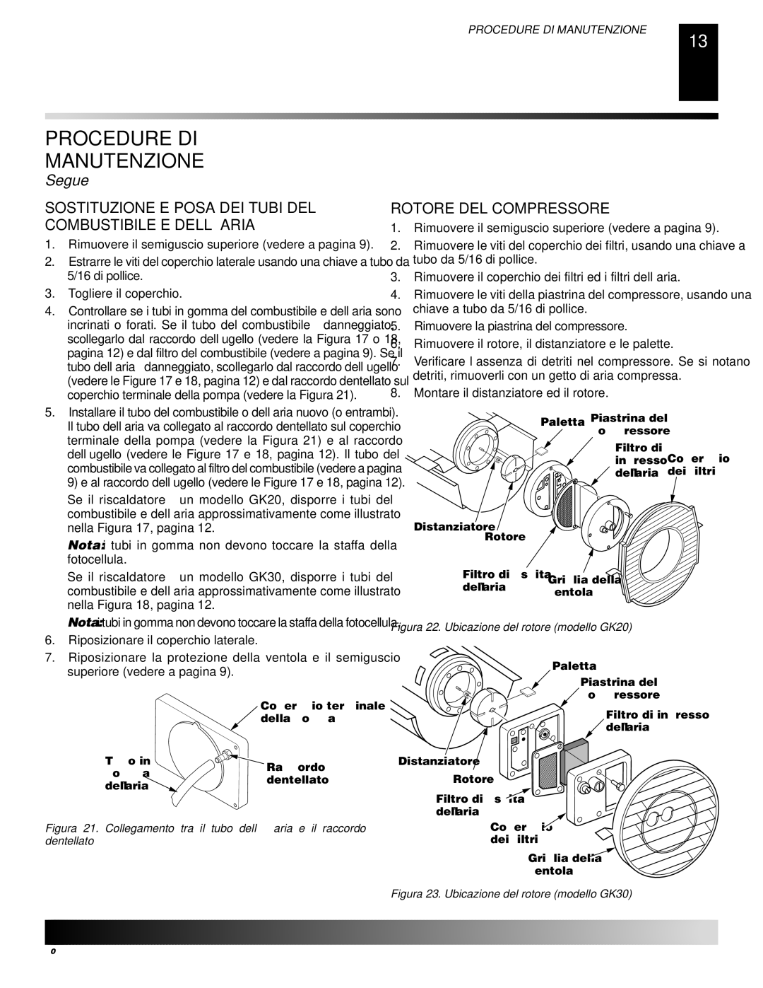 Desa GK30, GK20 owner manual Sostituzione E Posa DEI Tubi DEL Combustibile E DELL’ARIA, Rotore DEL Compressore 