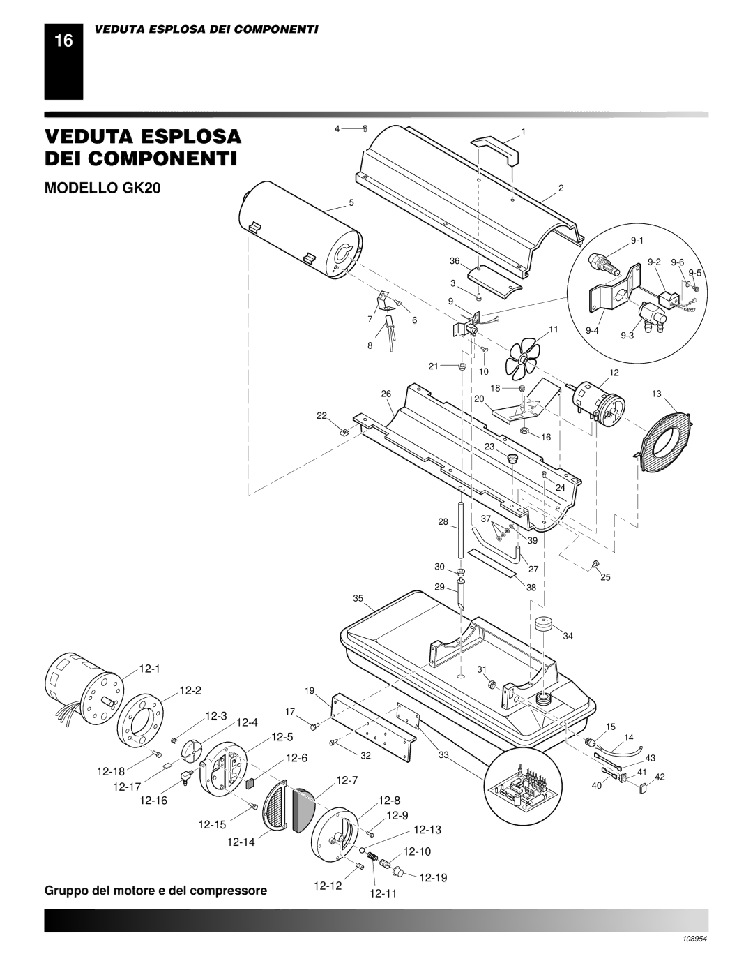 Desa GK30 owner manual Veduta Esplosa DEI Componenti, Modello GK20, Gruppo del motore e del compressore 