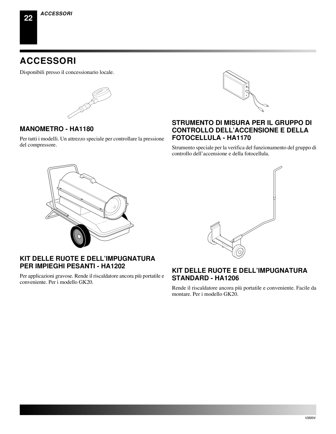 Desa GK20, GK30 owner manual Accessori, Manometro HA1180, KIT Delle Ruote E DELL’IMPUGNATURA Standard HA1206 