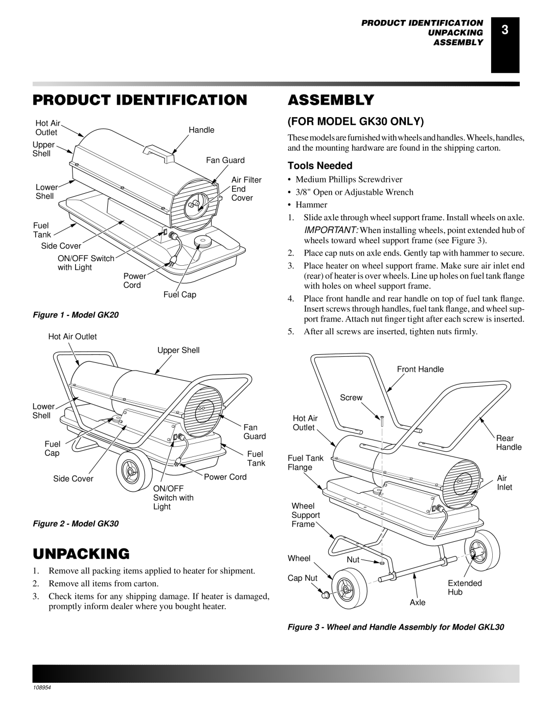 Desa GK20 owner manual Product Identification, Assembly, Unpacking, For Model GK30 only, Tools Needed 